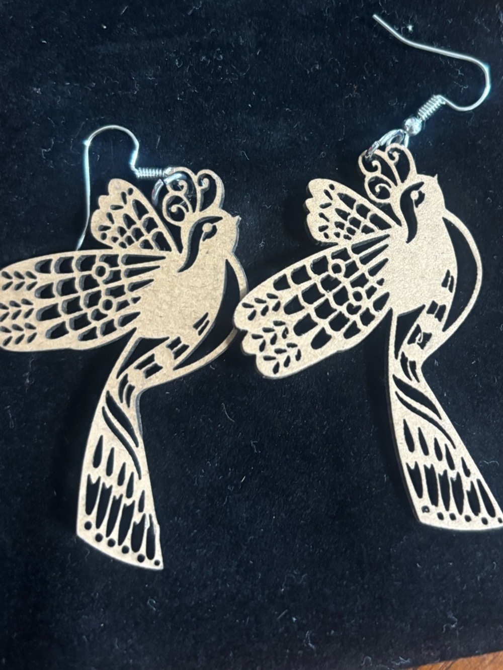 Handmade wood Gold Bird Dangle Earrings - Ornate Lightweight Women's Accessories